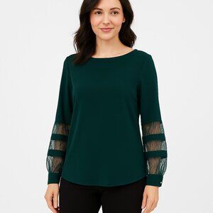 Calvin Klein Green Lace Inset Long Bishop Sleeve Career Blouse Womens Small NWOT